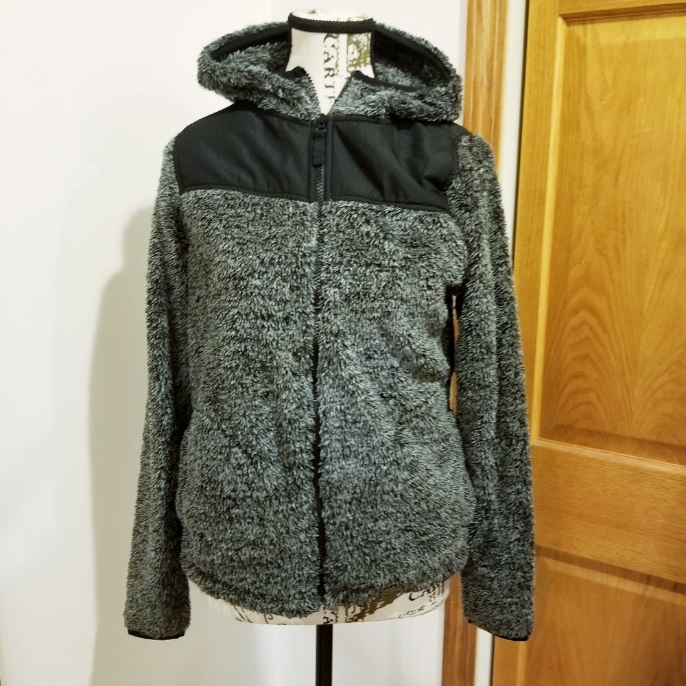 SO  Women's Gray Black Plush Hoodie Fleece Jacket Size Small Pockets Teddy